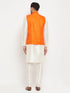 Vastramay Men's Orange Matka Silk Nehru Jacket With Kurta and Pant style Pyjama Set